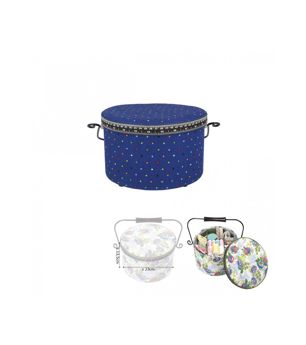 Boîte à couture ronde 22x13,5cm étoiles multicolores sur fonds bleu