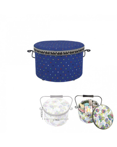 Scatola da cucito rotonda 22x13,5 cm stelle multicolori su fondo blu