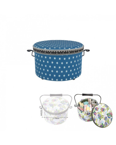 Round sewing box 22x13.5cm blue stars