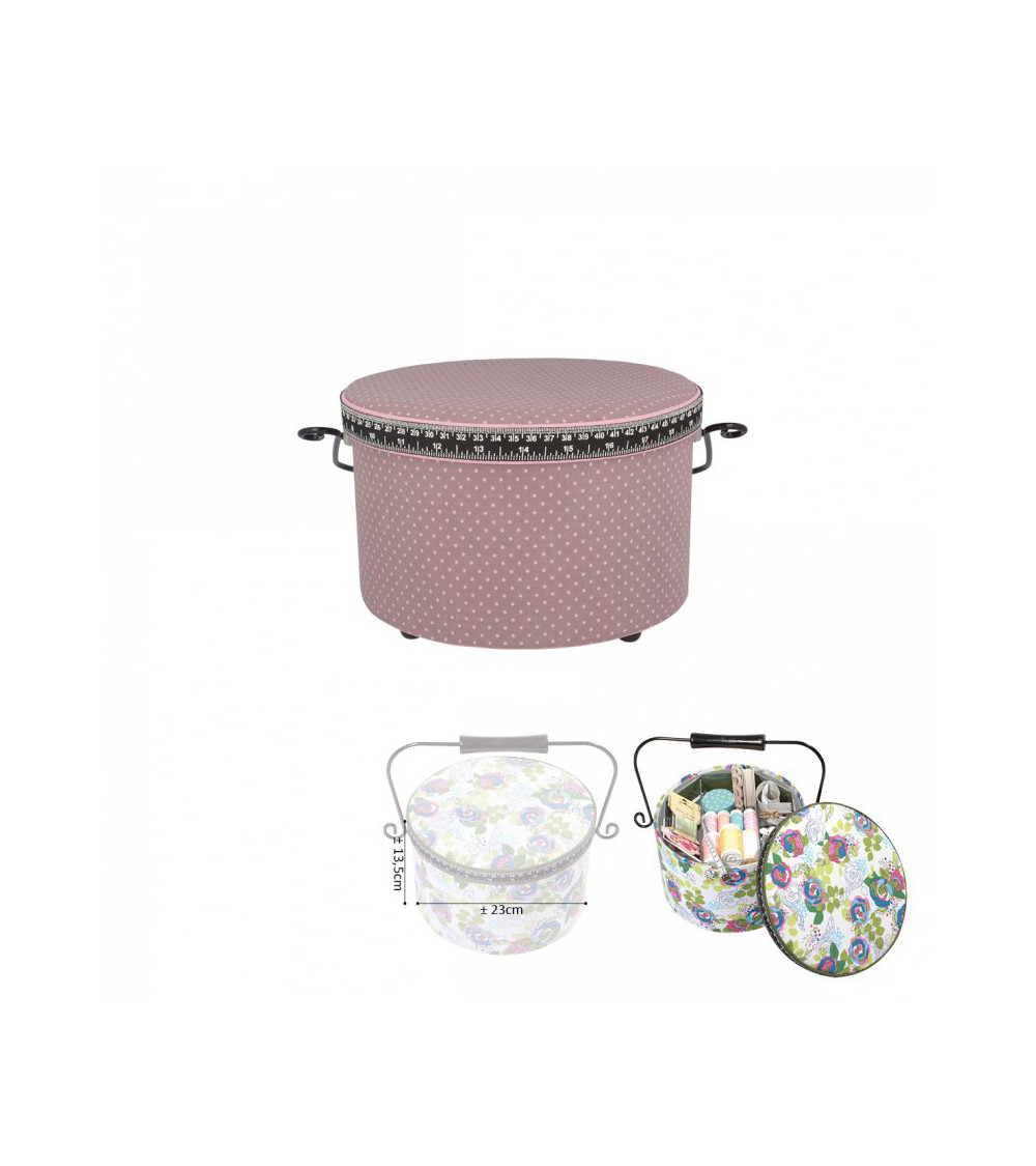 Round sewing box 22x13.5cm pink dots