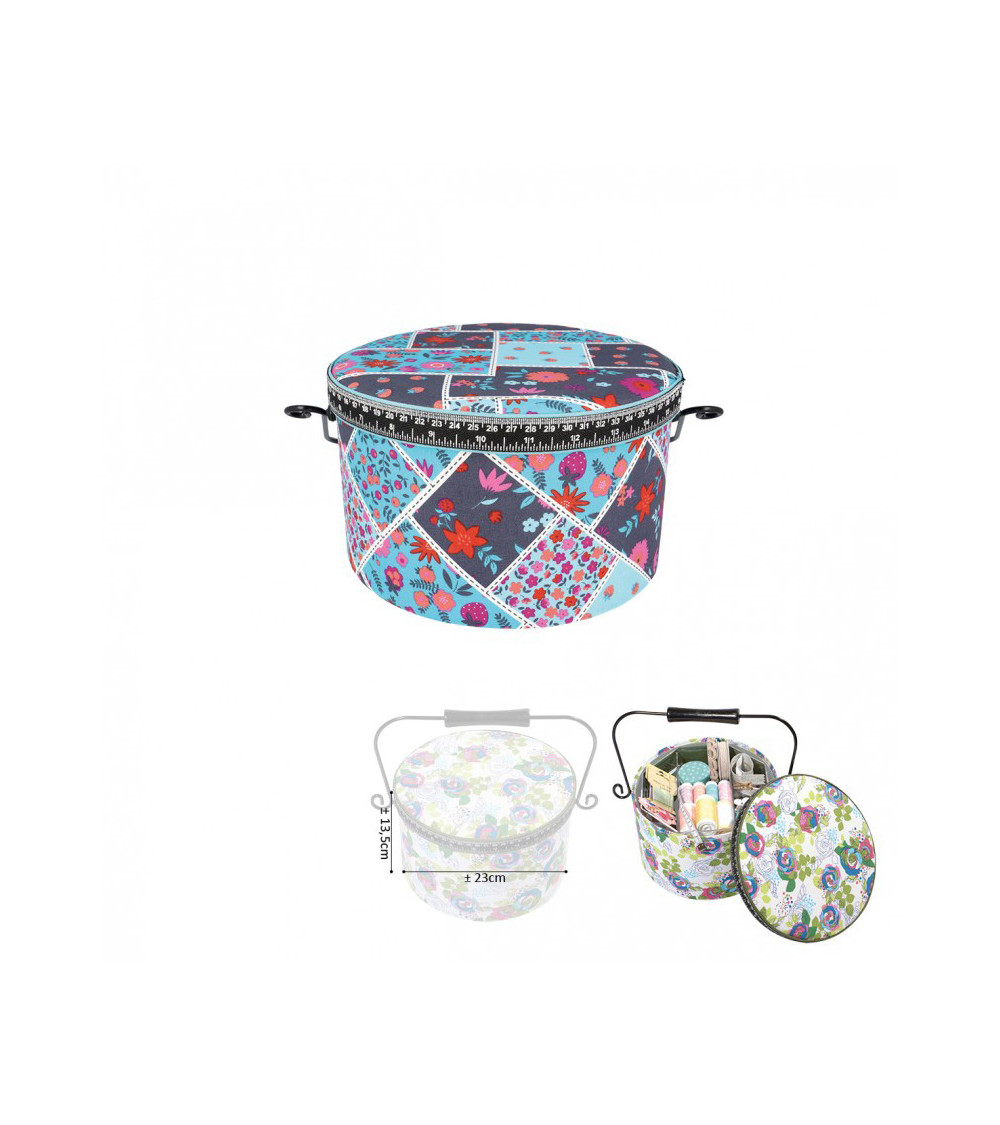 Scatola da cucito rotonda 22x13,5 cm fiori rossi su sfondo grigio e blu