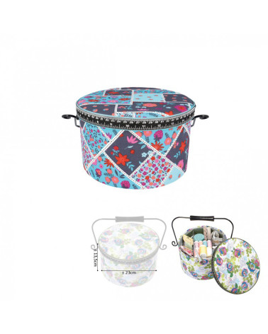 Scatola da cucito rotonda 22x13,5 cm fiori rossi su sfondo grigio e blu