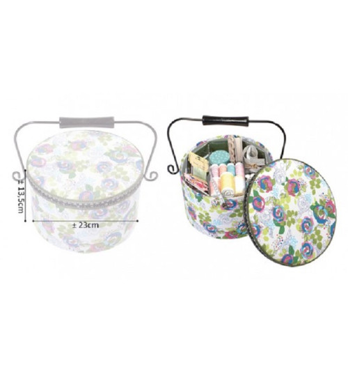 Boîte à couture ronde 22x13,5cm imprimé fleurs vert
