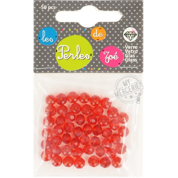 Perles facettes "cristal" en verre rouge - boite de 50 perles