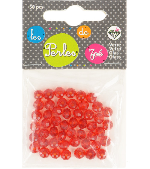Perles facettes "cristal" en verre rouge - boite de 50 perles