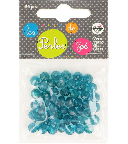 Perles facettes "cristal" en verre bleu - boite de 50 perles