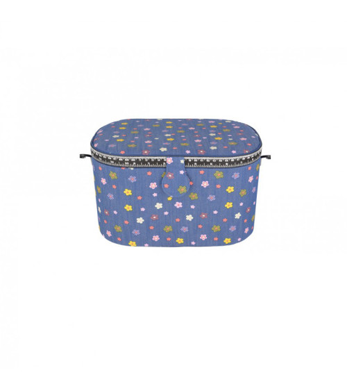 Oval sewing box 21x31x18cm multi-colored flowers jean background