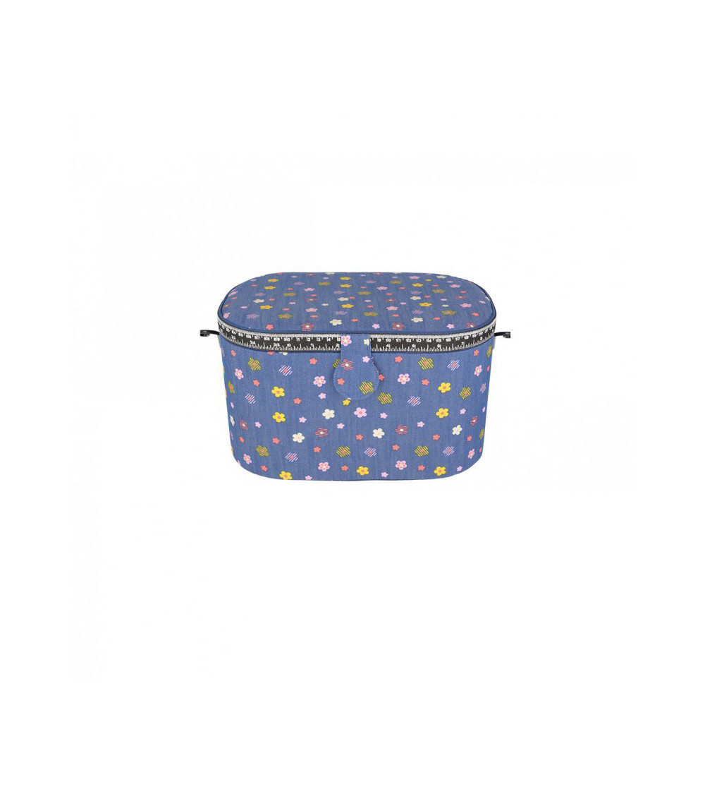 Oval sewing box 21x31x18cm multi-colored flowers jean background