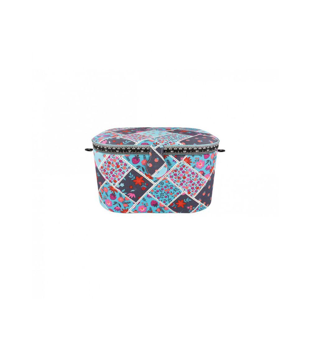Boîte à couture ovale 21x31x18cm fleurs rouges sur fonds gris et bleu