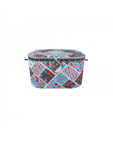 Scatola da cucito ovale 21x31x18cm fiori rossi su fondo grigio e blu