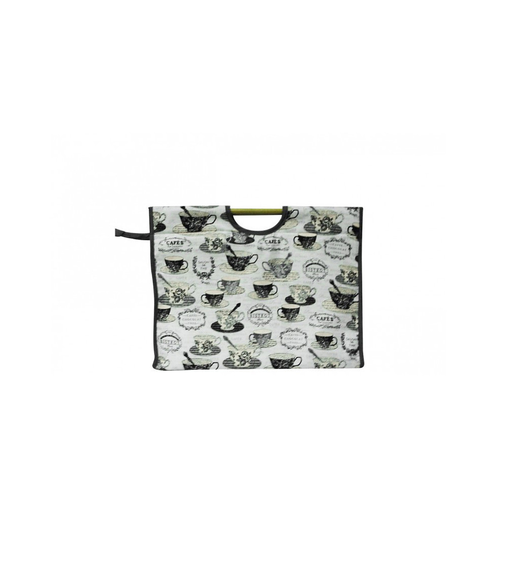 Quilted fabric knitting bag 42cm black and white teacups