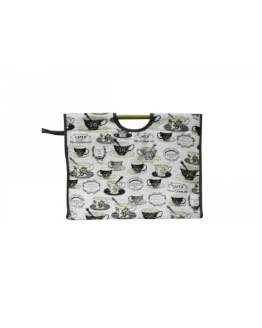 Quilted fabric knitting bag 42cm black and white teacups