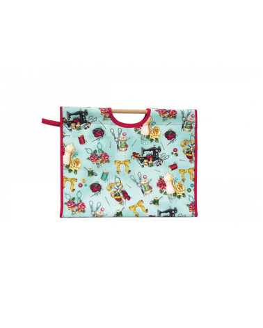Stricktasche aus gestepptem Stoff, 42 cm, Knöpfe und Blumen auf blauem Hintergrund