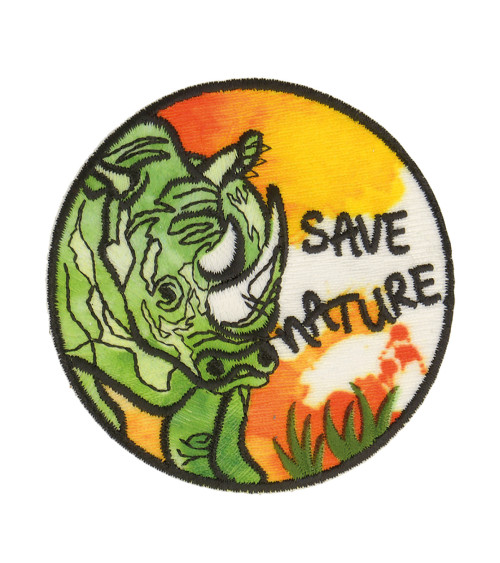 Iron-on patch save nature rhinoceros 5.5x5.5cm