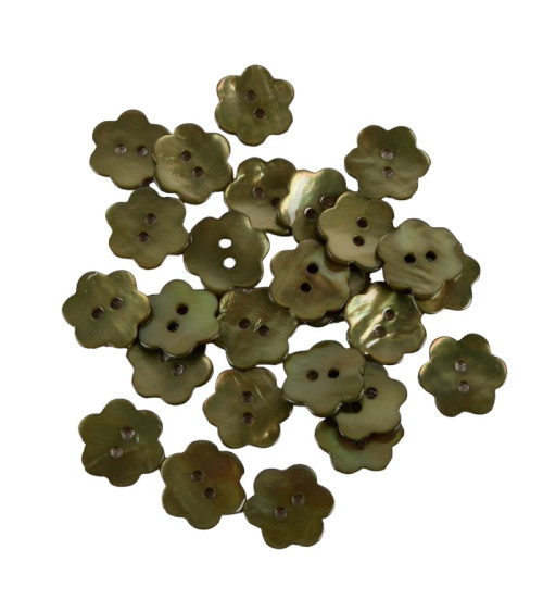 Set of 6 Khaki-colored mother-of-pearl flower buttons