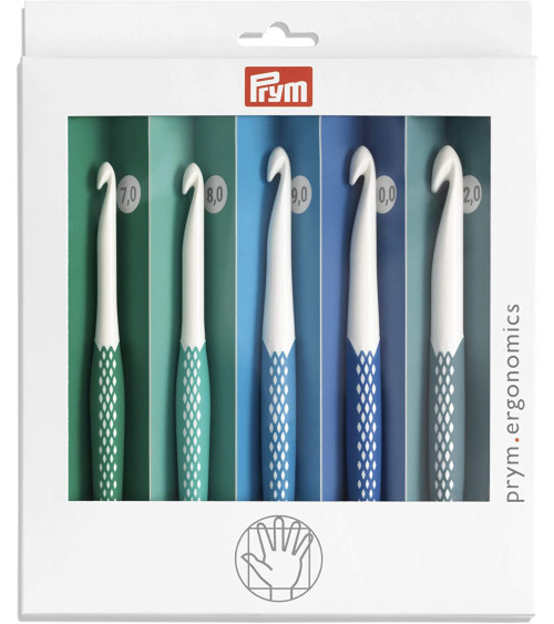 Scatola da 5 ganci ergonomici per lana Prym, misura da 7 a 12 mm