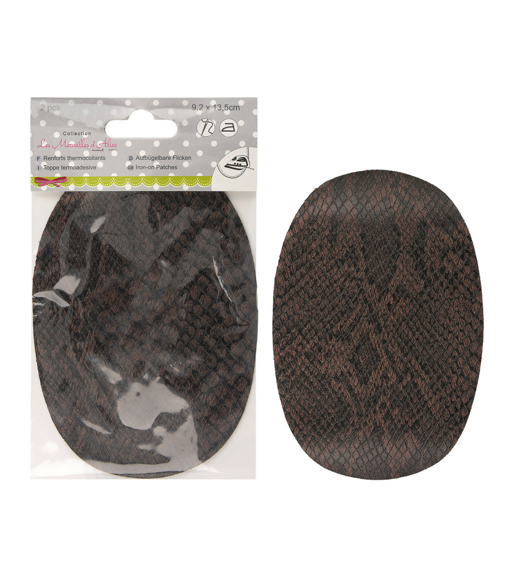 Set of 2 iron-on or sew-on elbow pads in brown snakeskin look 13.5cmx9cm Made in France