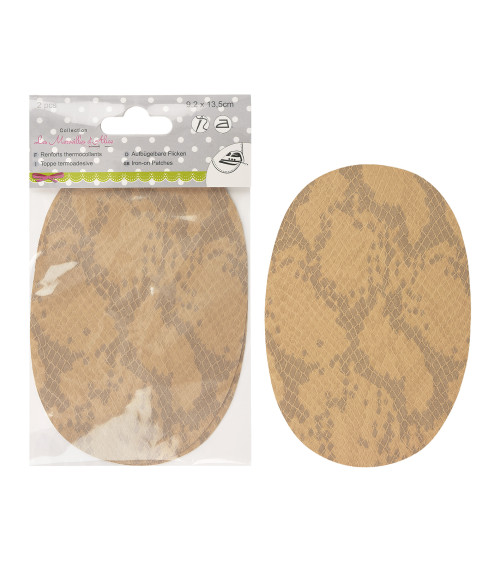 Lot de 2 renforts de coude thermocollants ou à coudre aspect peau de serpent beige antilope 13.5cmx9cm Fabriqué en France