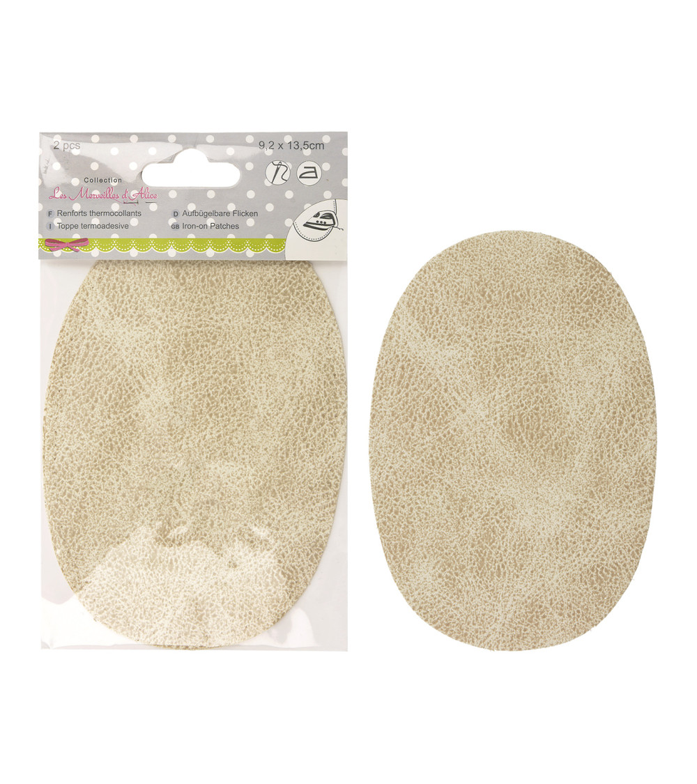 Set mit 2 aufbügelbaren oder annähbaren Ellbogenstützen in elfenbeinfarbener Lederoptik, 13,5 cm x 9 cm, hergestellt in