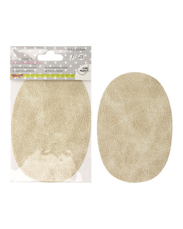 Set mit 2 aufbügelbaren oder annähbaren Ellbogenstützen in elfenbeinfarbener Lederoptik, 13,5 cm x 9 cm, hergestellt in