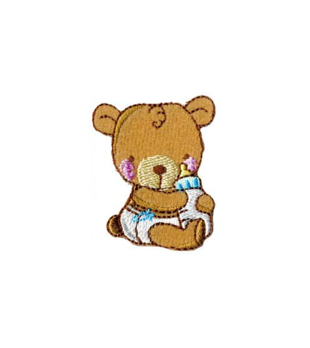 Bear iron-on patch with baby bottle