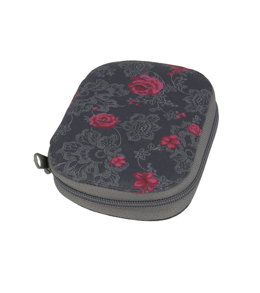 Sewing pouch 14cmx9cm romantic print gray red roses