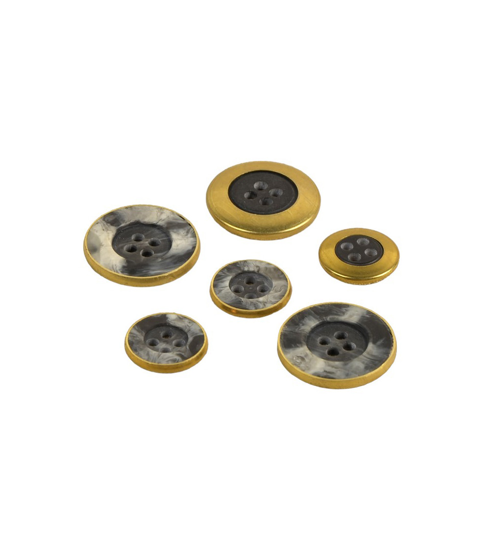 Set of 6 black/gold marbled metal buttons 4 holes made in France