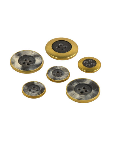 Set mit 6 schwarz/gold marmorierten Metallknöpfen mit 4 Löchern, hergestellt in Frankreich