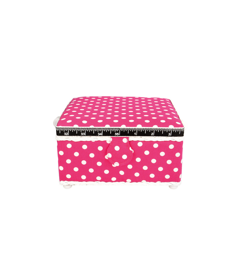 Boîte à couture 20x20x11cm pois blancs fonds fuchsia