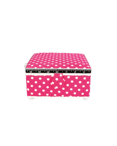 Boîte à couture 20x20x11cm pois blancs fonds fuchsia