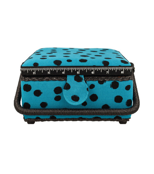 Boîte à couture 20x20x11cm pois noirs fonds turquoise