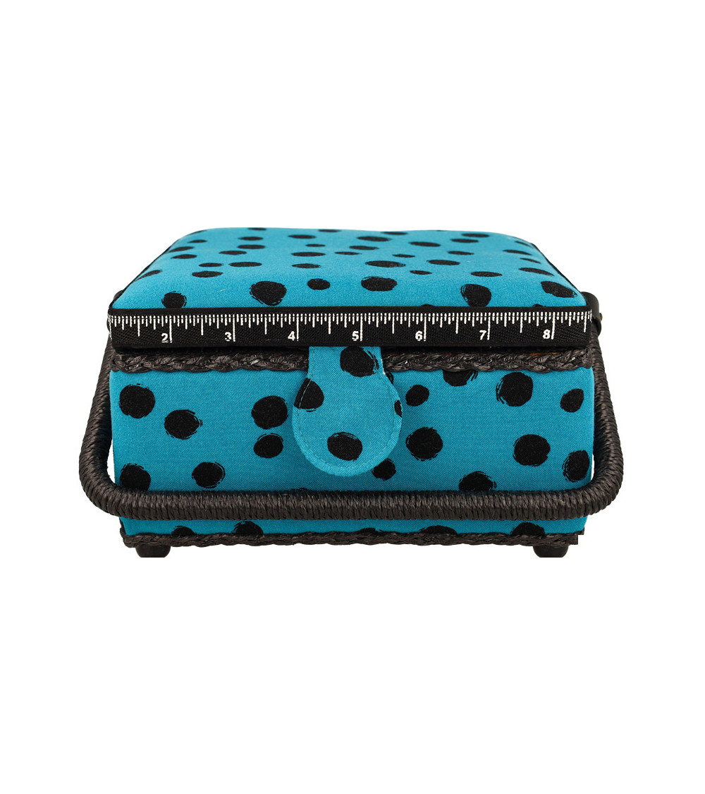 Boîte à couture 20x20x11cm pois noirs fonds turquoise