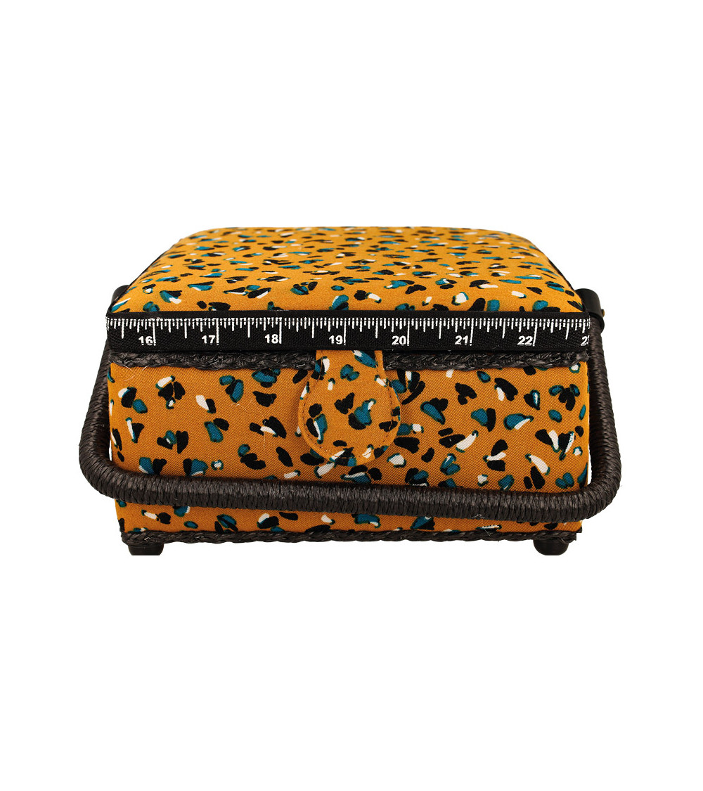 Sewing box 20x20x11cm mustard yellow blue speckled print