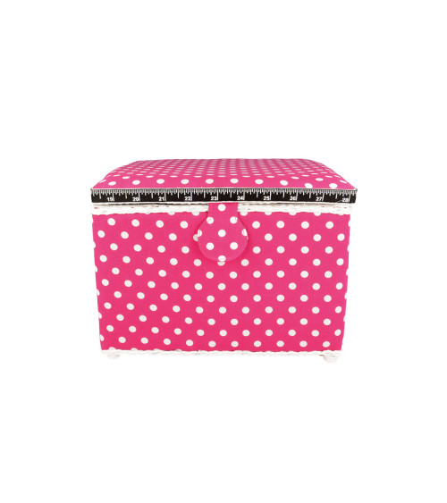 Boîte à couture 26x26x19cm pois blancs fonds fuchsia