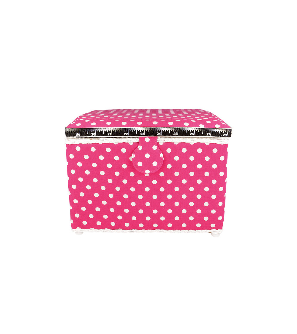 Boîte à couture 26x26x19cm pois blancs fonds fuchsia