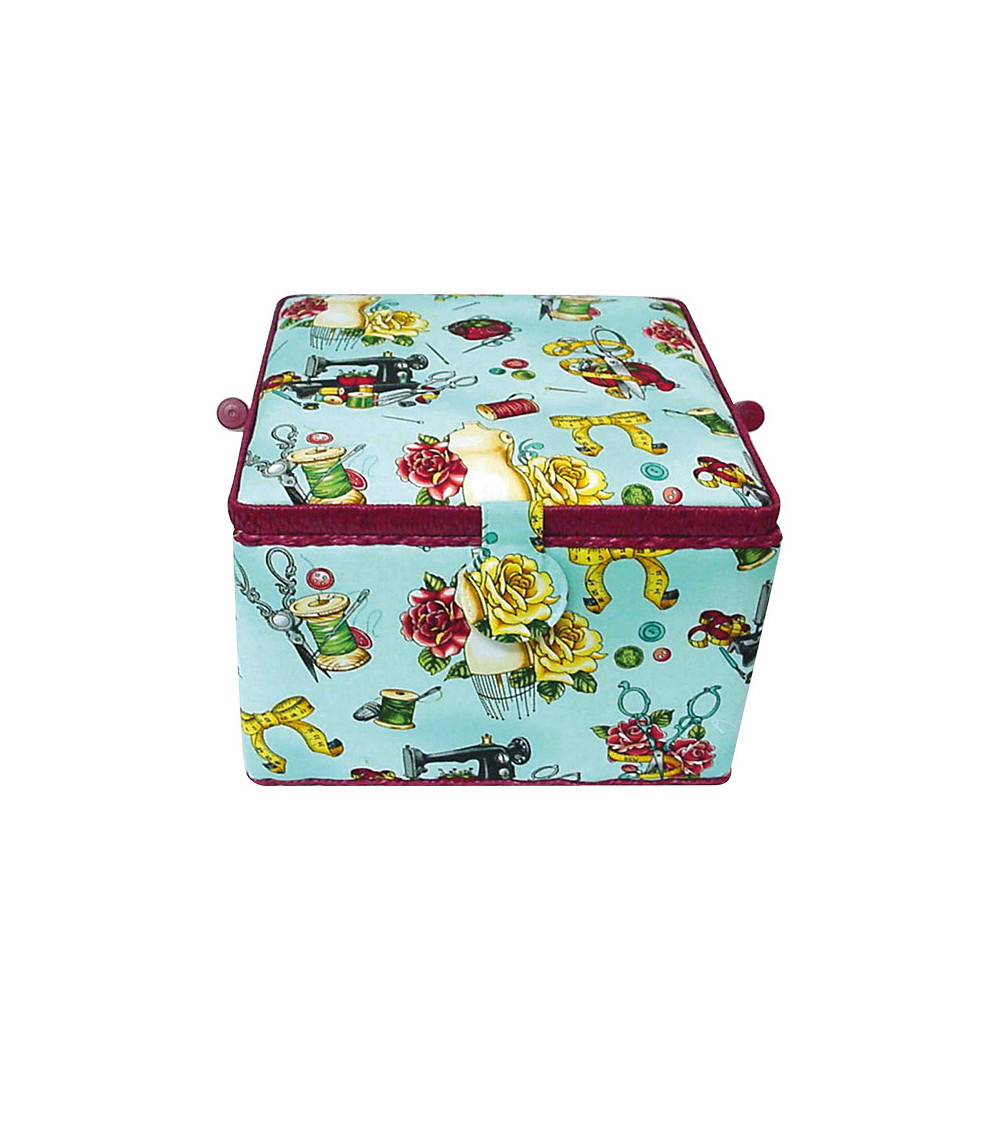 Sewing box 26x26x19cm sewing mannequins blue background