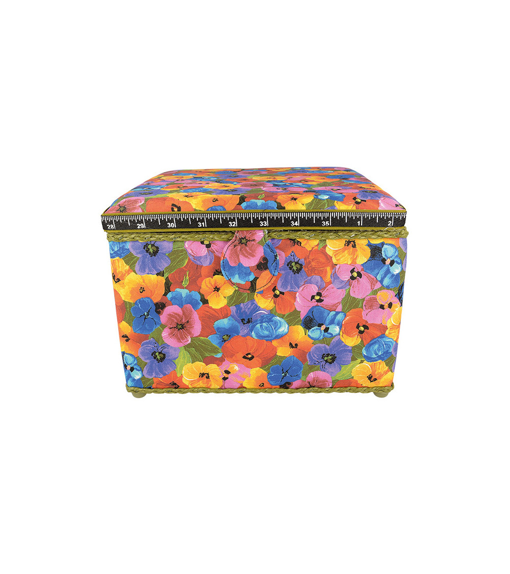 Boîte à couture 26x26x19cm fleurs pensées multicolores