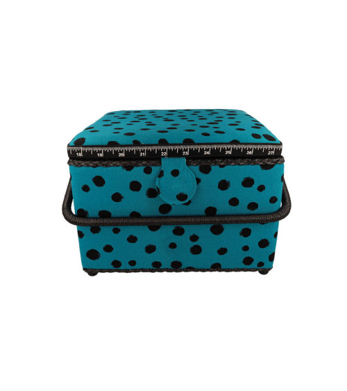 Boîte à couture 26x26x19cm pois noirs fonds turquoise