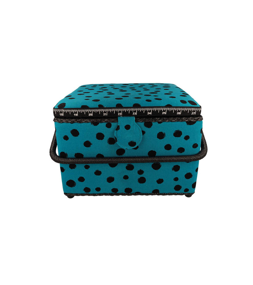 Boîte à couture 26x26x19cm pois noirs fonds turquoise