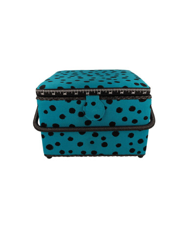 Boîte à couture 26x26x19cm pois noirs fonds turquoise