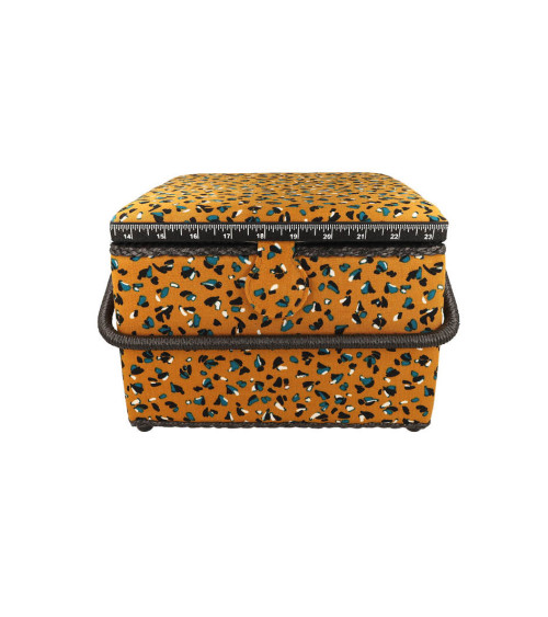 Sewing box 26x26x19cm mustard yellow blue speckled print