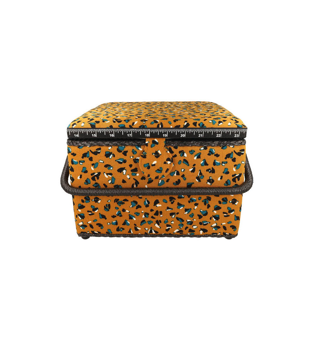 Sewing box 26x26x19cm mustard yellow blue speckled print