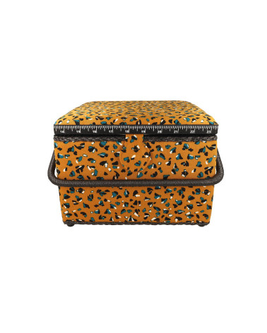 Sewing box 26x26x19cm mustard yellow blue speckled print