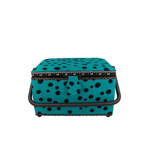 Boîte à couture 18,5x26x16cm pois turquoise fonds noir