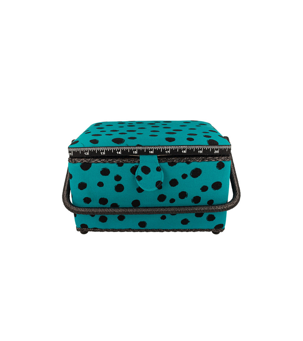Sewing box 18.5x26x16cm turquoise polka dots black background