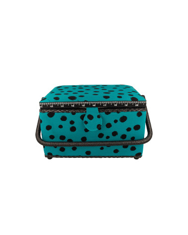 Sewing box 18.5x26x16cm turquoise polka dots black background