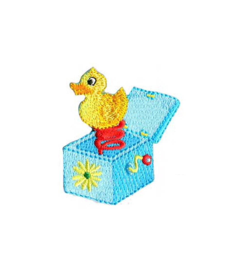 Vintage toy duck box iron-on badge