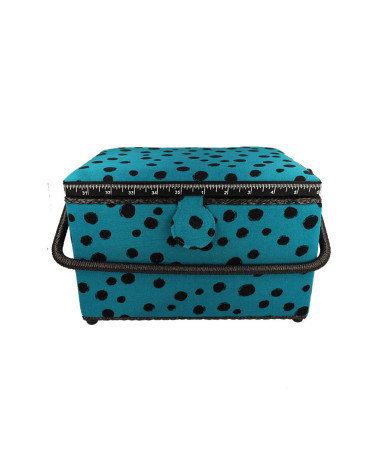 Boîte à couture 21x28,5x19,5cm pois noirs fonds turquoise