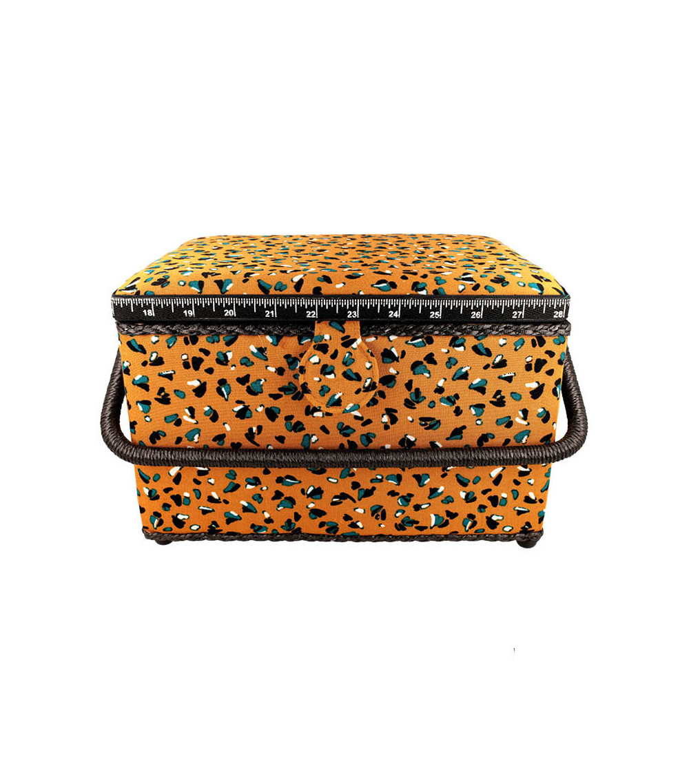 Sewing box 21x28.5x19.5cm mustard yellow blue speckled print