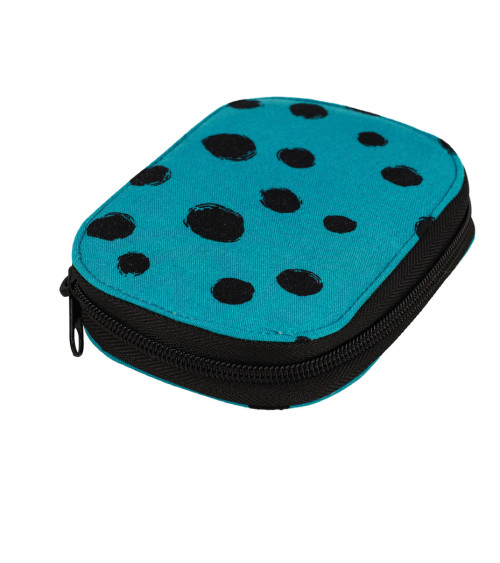 Sewing pouch 14x9cm black dots turquoise background